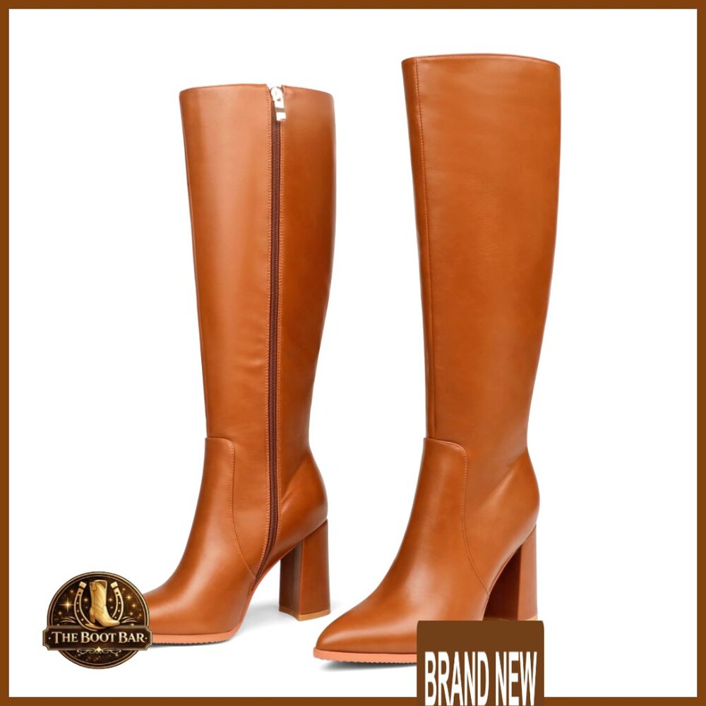 Knee High Boots Pointed Toe Chunky Heel Zipper Gogo Retro Dress Boots